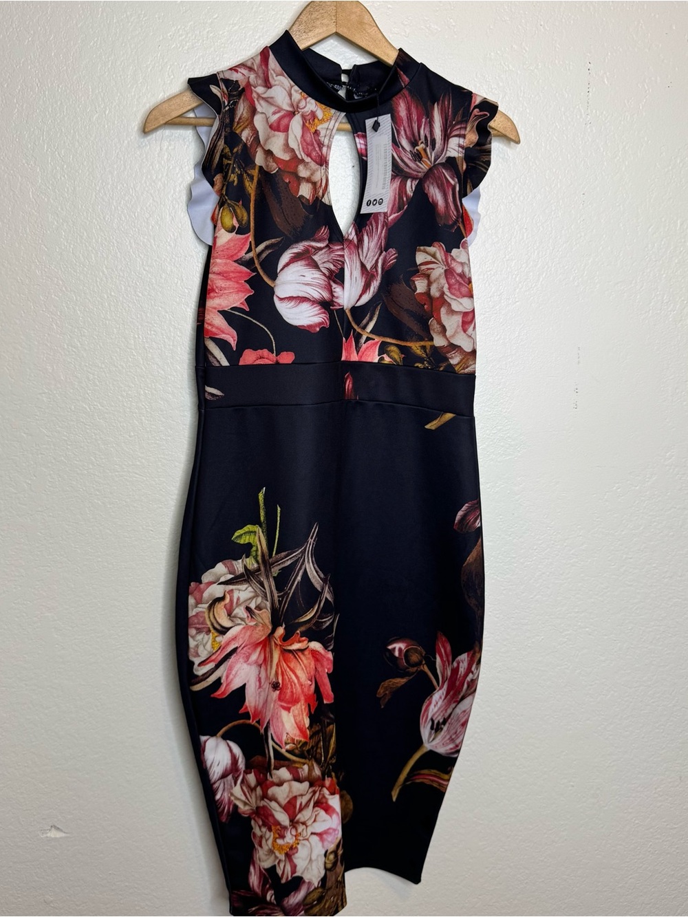 High Neck Keyhole Floral Print Midi Dress